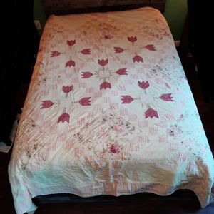 Vintage Handmade large floral Applique quilt, tulips, roses